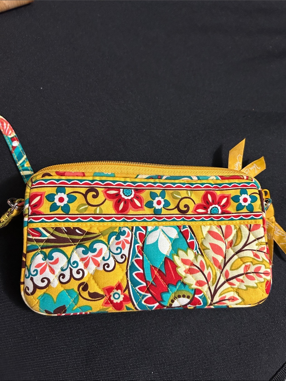 Vera Bradley Yellow Floral Quilted Zip Wristlet with Multicolor Pattern